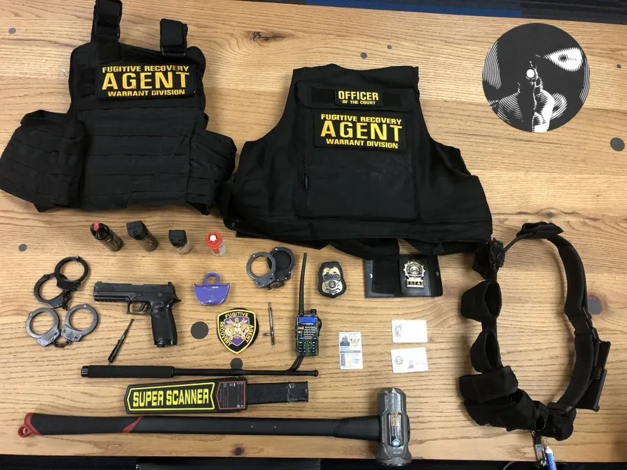 Law enforcement gear including vests and equipment for agents.