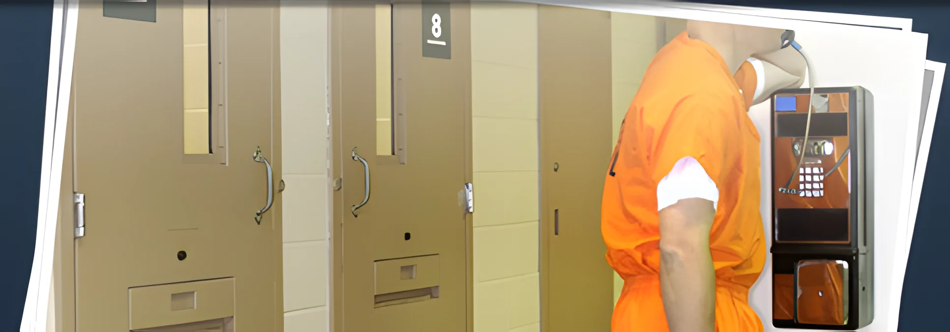 Individual in orange jumpsuit walking past prison cells